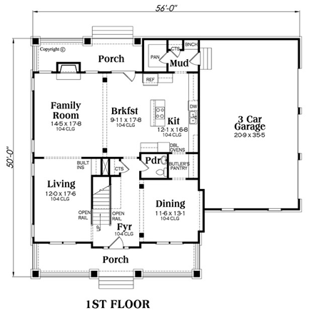 Bungalow, Country, Craftsman House Plan 75315 with 4 Beds, 3 Baths, 3 Car Garage First Level Plan