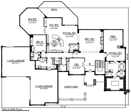 Traditional House Plan 75413 with 2 Beds, 3 Baths, 4 Car Garage First Level Plan