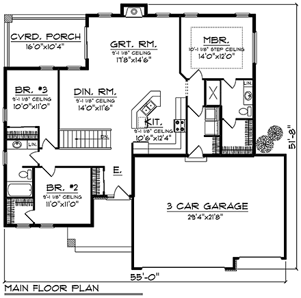Modern, Ranch House Plan 75450 with 3 Beds, 2 Baths, 3 Car Garage First Level Plan