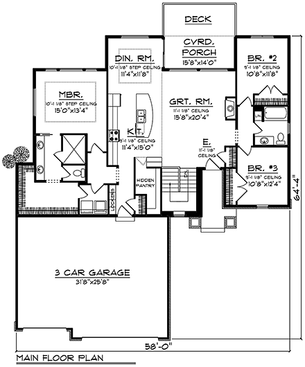 Craftsman, Ranch, Traditional House Plan 75454 with 3 Beds, 2 Baths, 3 Car Garage First Level Plan