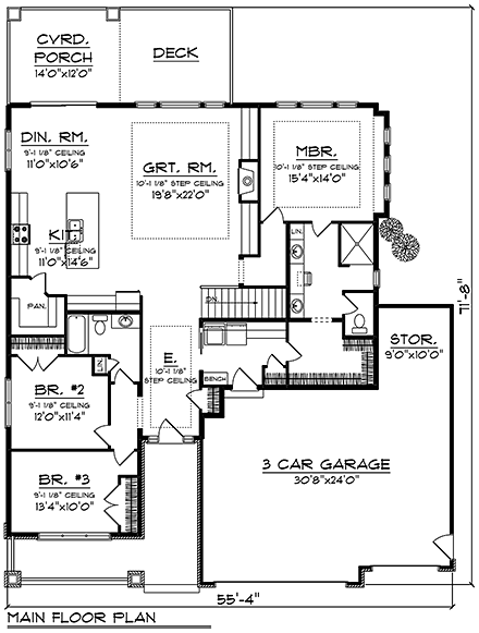 Craftsman, Traditional House Plan 75458 with 3 Beds, 2 Baths, 3 Car Garage First Level Plan