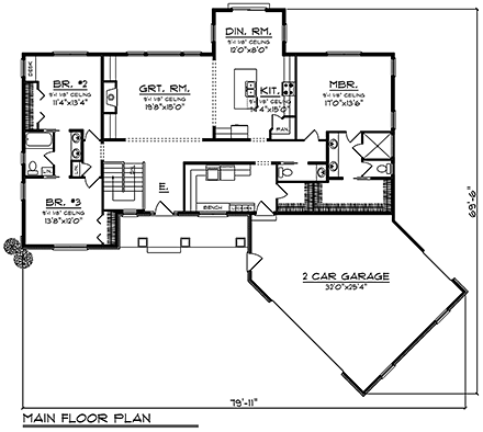 Farmhouse, Ranch House Plan 75459 with 3 Beds, 3 Baths, 2 Car Garage First Level Plan