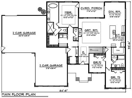 Modern, Ranch, Tuscan House Plan 75461 with 3 Beds, 3 Baths, 4 Car Garage First Level Plan