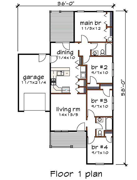 Bungalow, Cottage House Plan 75530 with 4 Beds, 2 Baths, 1 Car Garage First Level Plan