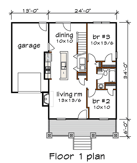 Bungalow, Craftsman House Plan 75535 with 3 Beds, 2 Baths, 1 Car Garage First Level Plan