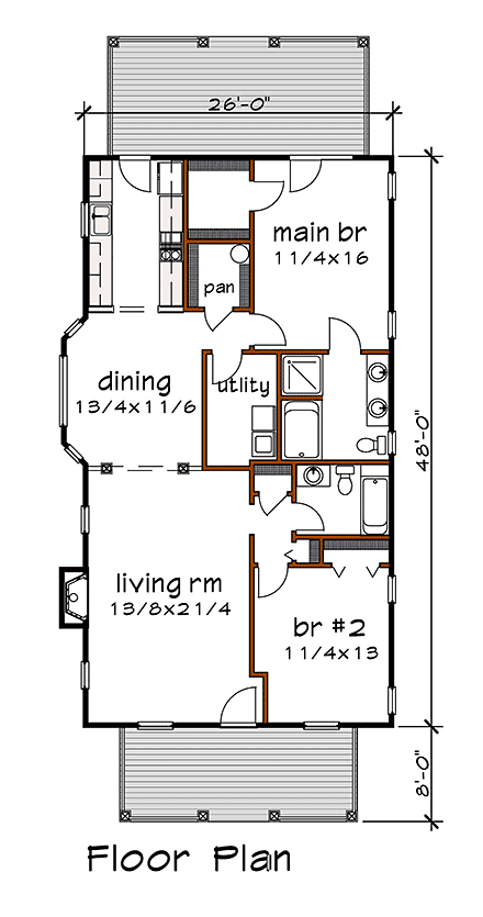 Bungalow, Cottage House Plan 75542 with 2 Beds, 2 Baths First Level Plan