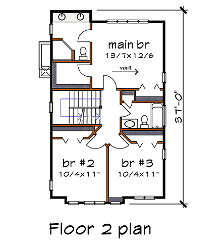 Contemporary, Cottage, Modern House Plan 75566 with 3 Beds, 3 Baths Second Level Plan