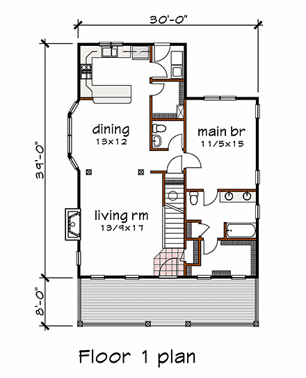 Bungalow, Cottage, Country House Plan 75568 with 3 Beds, 3 Baths First Level Plan