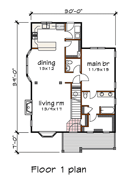 Bungalow, Cottage House Plan 75569 with 3 Beds, 3 Baths First Level Plan