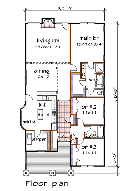 Bungalow, Cottage, Craftsman, Narrow Lot, One-Story, Traditional House Plan 75584 with 3 Beds, 2 Baths First Level Plan