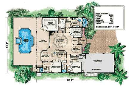 European, Mediterranean, Tuscan House Plan 75613 with 3 Beds, 3 Baths, 3 Car Garage First Level Plan