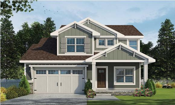 Craftsman, Narrow Lot, Traditional House Plan 75712 with 3 Beds, 3 Baths, 2 Car Garage Elevation