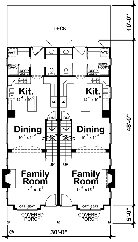 Narrow Lot, Southern, Traditional Multi-Family Plan 75713 with 4 Beds, 6 Baths First Level Plan