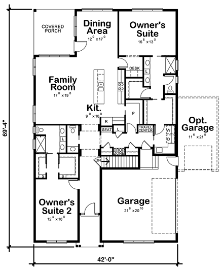 Traditional House Plan 75729 with 2 Beds, 3 Baths, 2 Car Garage First Level Plan