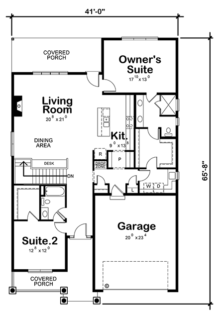 Craftsman, Tudor House Plan 75733 with 2 Beds, 2 Baths, 2 Car Garage First Level Plan