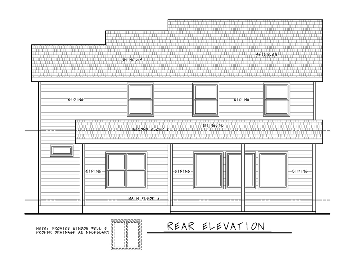 Farmhouse Plan with 2077 Sq. Ft., 3 Bedrooms, 3 Bathrooms, 2 Car Garage Rear Elevation