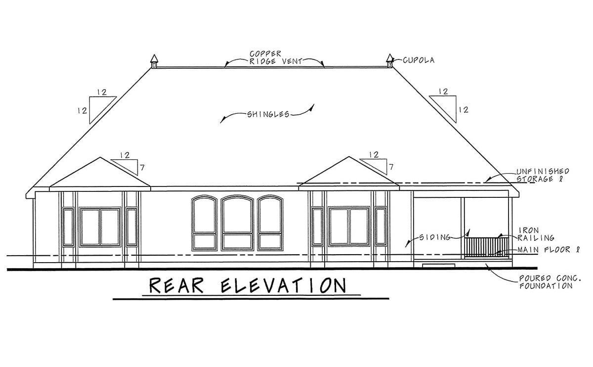 Craftsman, French Country Plan with 4084 Sq. Ft., 4 Bedrooms, 4 Bathrooms, 3 Car Garage Rear Elevation