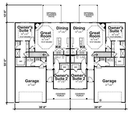 Farmhouse Multi-Family Plan 75747 with 2 Beds, 2 Baths, 2 Car Garage First Level Plan
