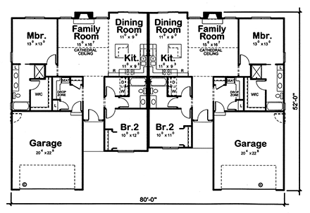 Traditional Multi-Family Plan 75749 with 2 Beds, 2 Baths, 2 Car Garage First Level Plan