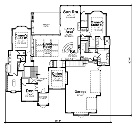 Traditional House Plan 75755 with 2 Beds, 4 Baths, 3 Car Garage First Level Plan