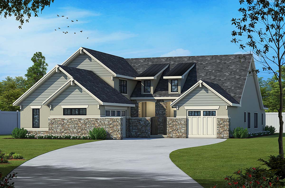 French Country Plan with 2782 Sq. Ft., 2 Bedrooms, 3 Bathrooms, 3 Car Garage Elevation