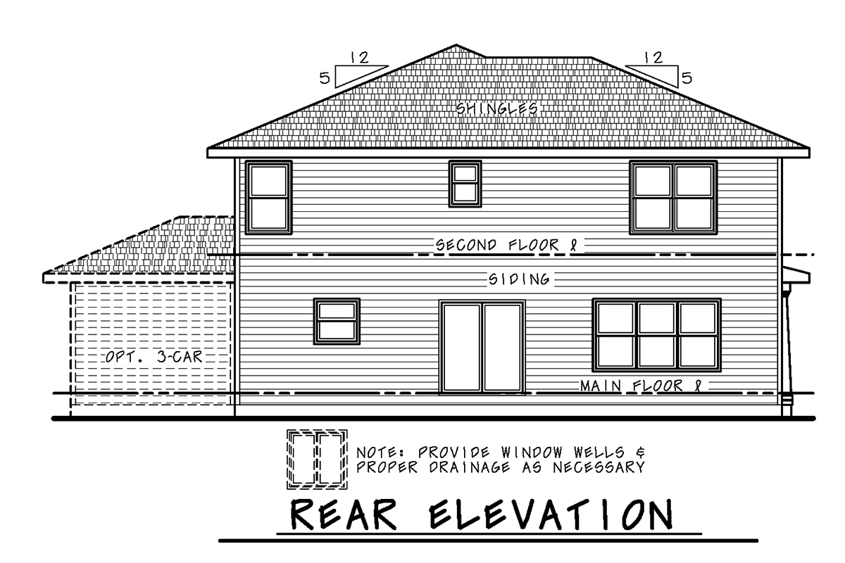 Craftsman, Traditional Plan with 2321 Sq. Ft., 4 Bedrooms, 3 Bathrooms, 2 Car Garage Rear Elevation