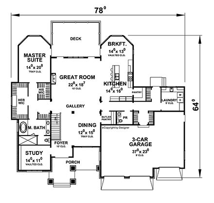 Craftsman, Traditional House Plan 75767 with 3 Beds, 5 Baths, 3 Car Garage First Level Plan