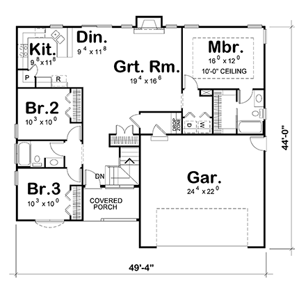 Traditional House Plan 75771 with 3 Beds, 2 Baths, 2 Car Garage First Level Plan