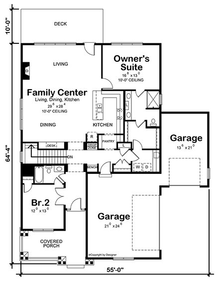 Craftsman House Plan 75776 with 2 Beds, 2 Baths, 3 Car Garage First Level Plan