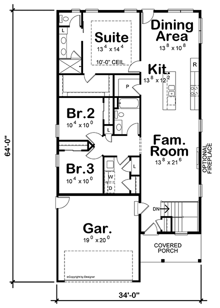 House Plan 75782 - Traditional Style with 1617 Sq Ft, 3 Bed, 1 Ba