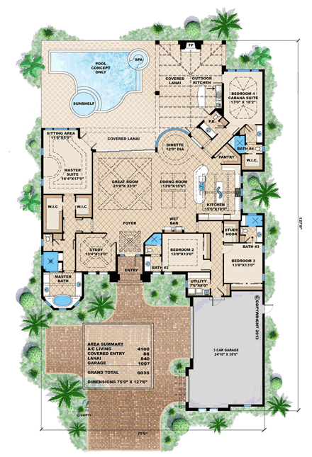 Mediterranean House Plan 75909 with 4 Beds, 5 Baths, 3 Car Garage First Level Plan