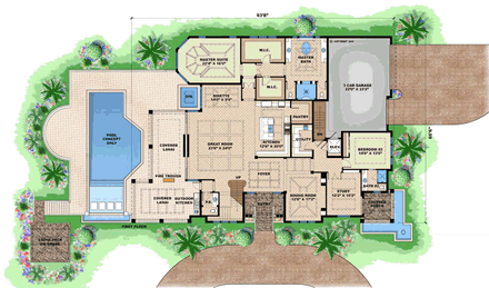 Florida, Mediterranean House Plan 75911 with 5 Beds, 6 Baths, 3 Car Garage First Level Plan