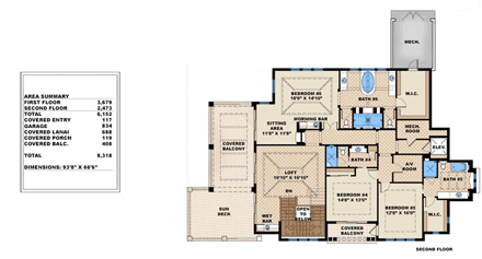 Florida, Mediterranean House Plan 75911 with 5 Beds, 6 Baths, 3 Car Garage Second Level Plan