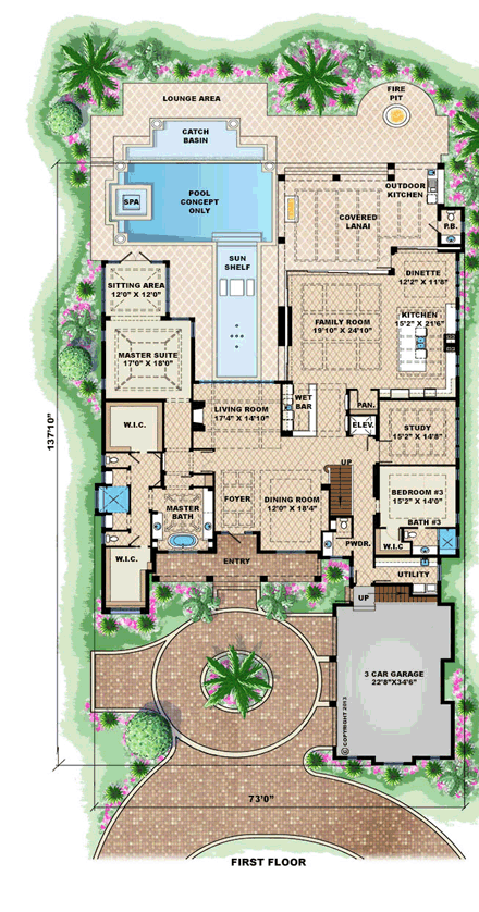 Mediterranean House Plan 75913 with 6 Beds, 8 Baths, 3 Car Garage First Level Plan