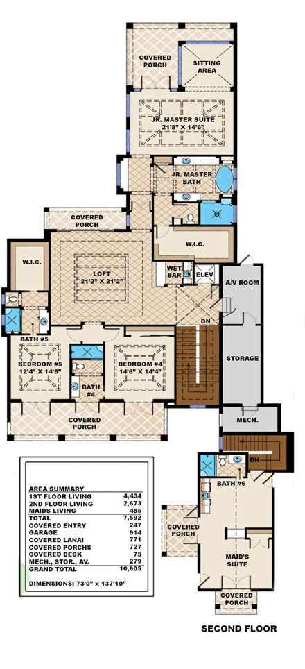 Mediterranean House Plan 75913 with 6 Beds, 8 Baths, 3 Car Garage Second Level Plan