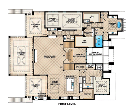 Coastal House Plan 75915 with 4 Beds, 5 Baths, 10 Car Garage First Level Plan