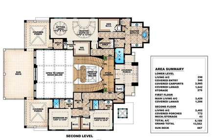 Coastal House Plan 75915 with 4 Beds, 5 Baths, 10 Car Garage Second Level Plan