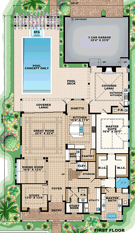Florida House Plan 75917 with 5 Beds, 7 Baths, 3 Car Garage First Level Plan