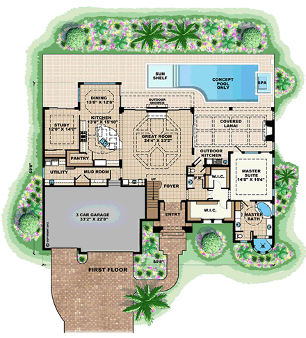 Mediterranean House Plan 75920 with 4 Beds, 5 Baths, 3 Car Garage First Level Plan