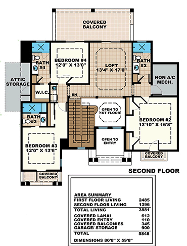 Mediterranean House Plan 75920 with 4 Beds, 5 Baths, 3 Car Garage Second Level Plan