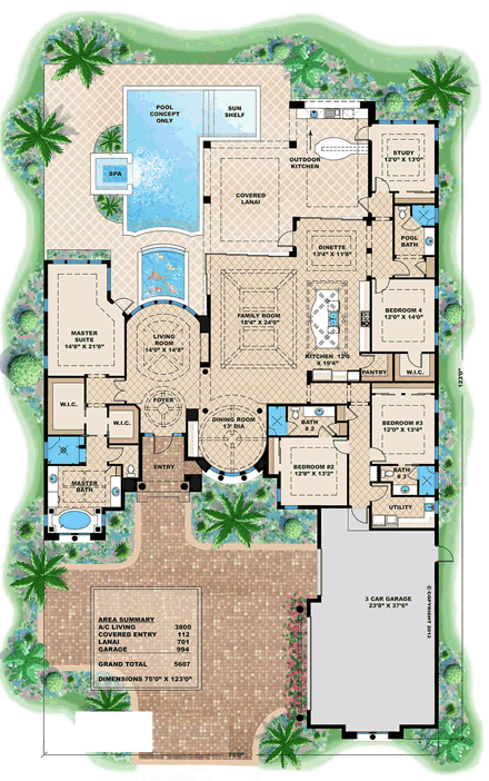 House Plan 75923 with 4 Beds, 4 Baths, 3 Car Garage First Level Plan