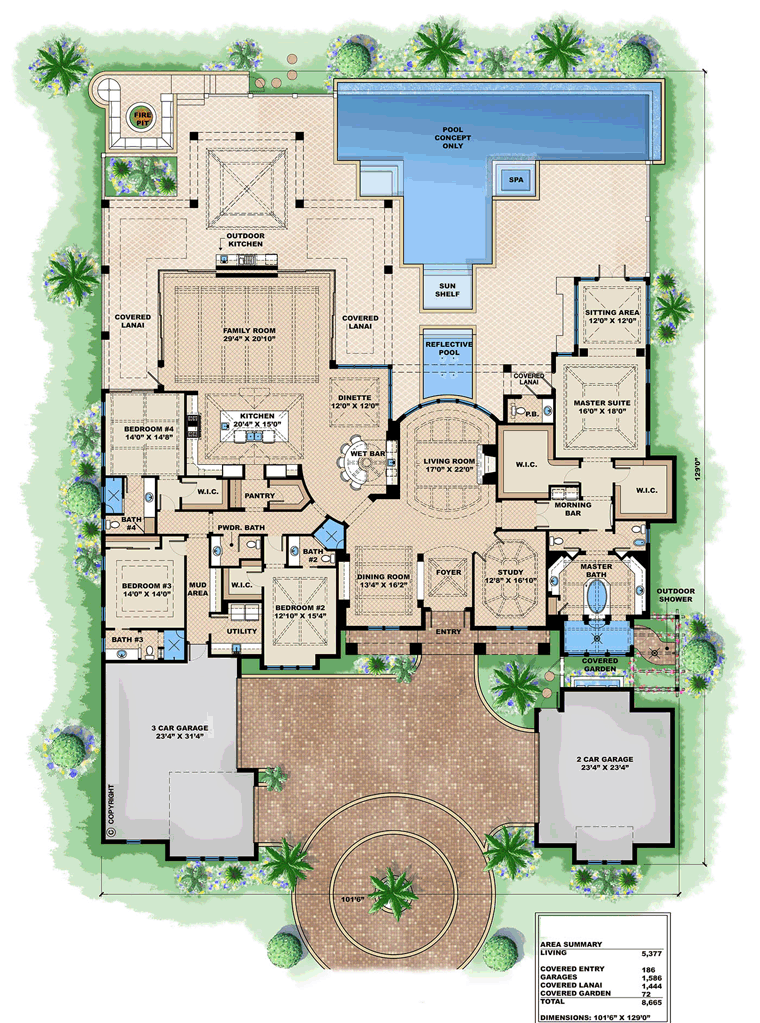 Florida, Mediterranean House Plan 75924 with 4 Beds, 6 Baths, 5 Car Garage Level One
