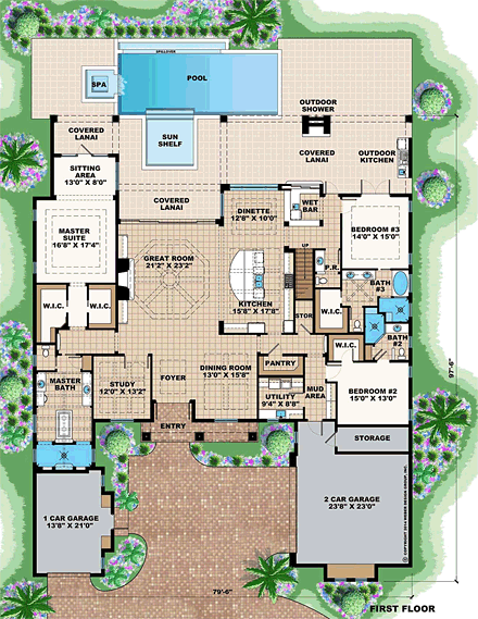 Florida, Mediterranean House Plan 75926 with 4 Beds, 5 Baths, 3 Car Garage First Level Plan