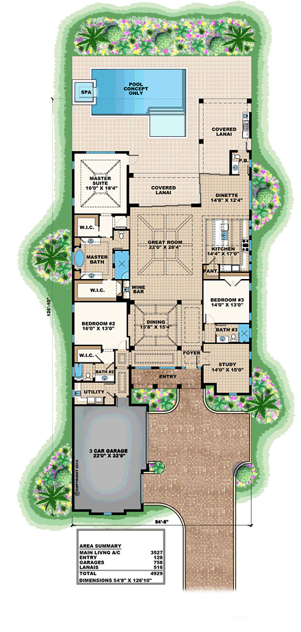 Florida, Mediterranean House Plan 75927 with 3 Beds, 4 Baths, 3 Car Garage First Level Plan