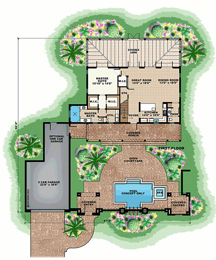 Colonial, Florida, Mediterranean House Plan 75928 with 3 Beds, 4 Baths, 3 Car Garage First Level Plan