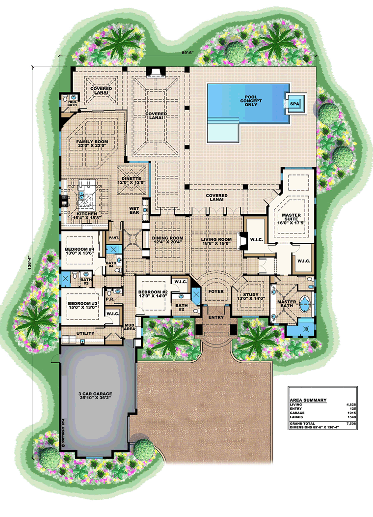 Florida, Mediterranean House Plan 75929 with 4 Beds, 6 Baths, 3 Car Garage Level One