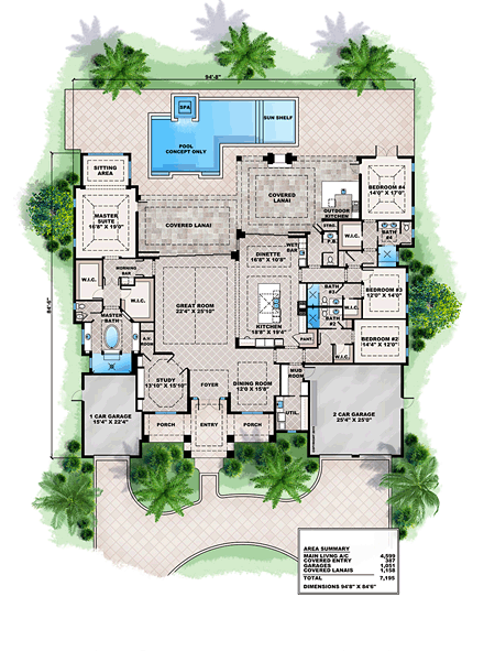 Florida, Mediterranean House Plan 75930 with 4 Beds, 5 Baths, 3 Car Garage First Level Plan