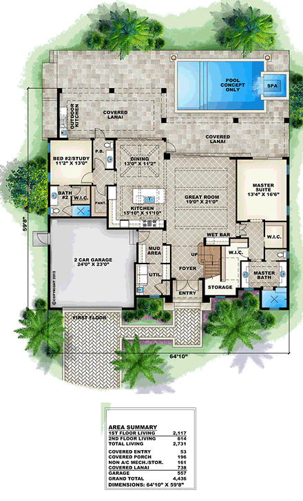 Florida, Mediterranean House Plan 75931 with 4 Beds, 4 Baths, 2 Car Garage First Level Plan