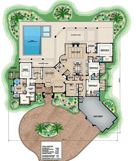 Florida, Mediterranean House Plan 75932 with 4 Beds, 5 Baths, 3 Car Garage First Level Plan