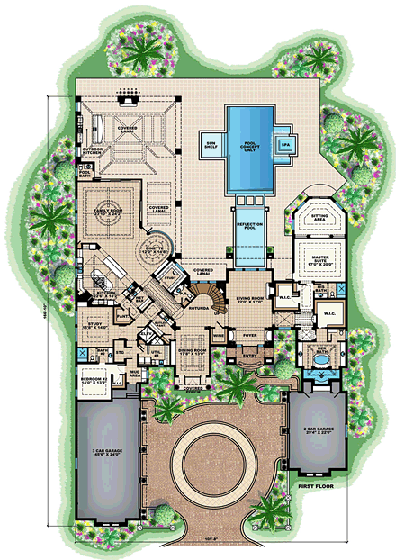 Florida, Mediterranean House Plan 75933 with 5 Beds, 9 Baths, 5 Car Garage First Level Plan